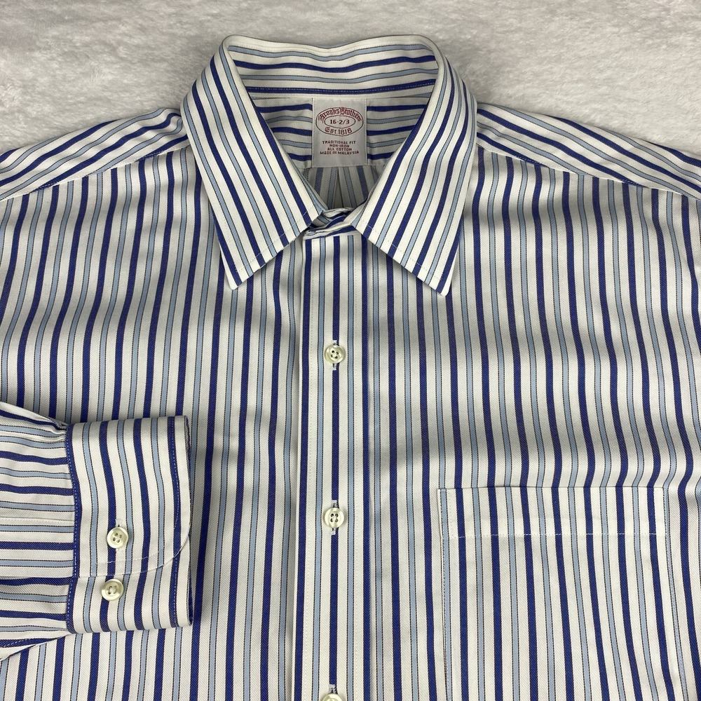 Brooks Brothers Dress Shirt‎ Mens 16-2/3 Blue-White Stripes Traditional No Iron
